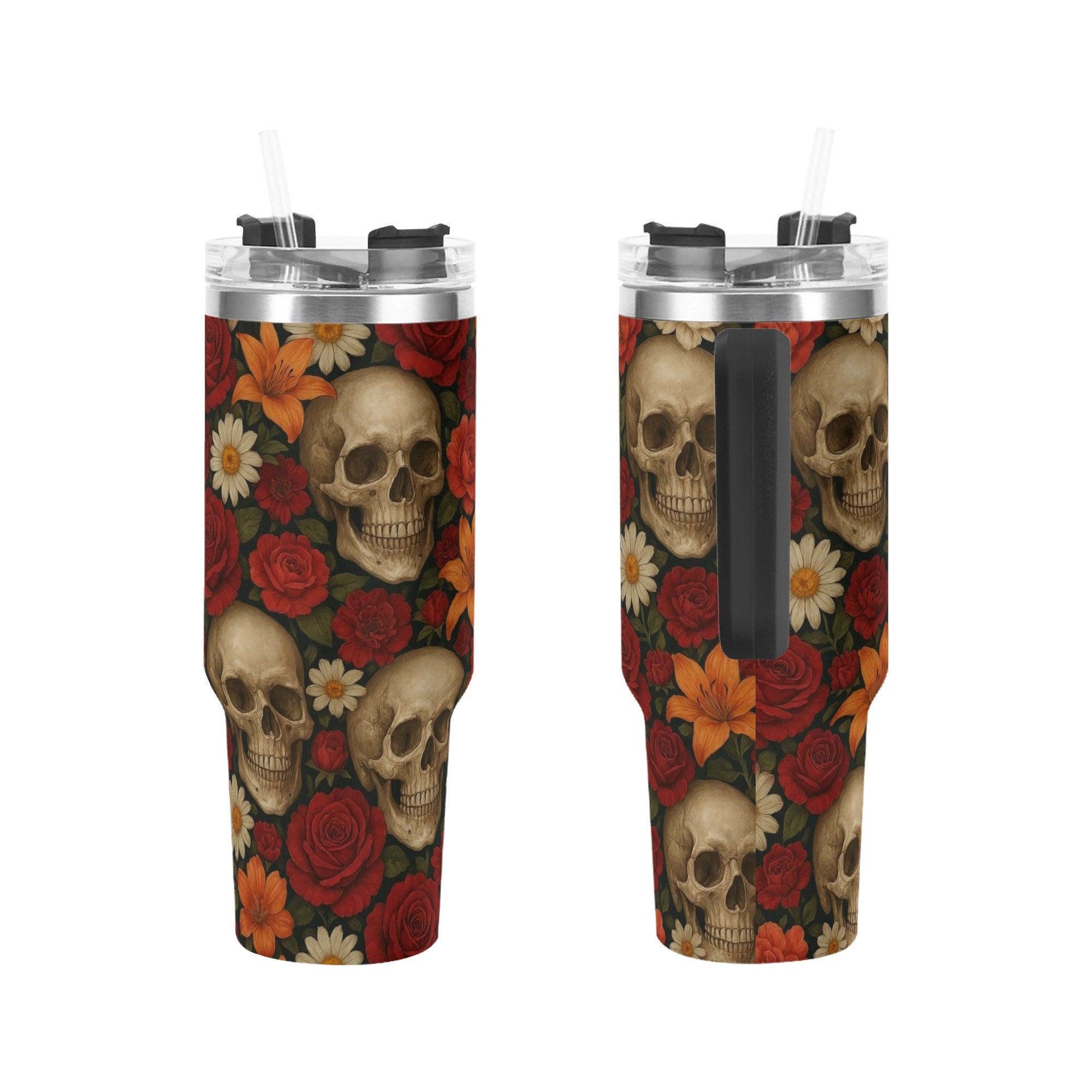 Skulls in Bloom 40oz Stainless Steel Tumbler With Handle and Straw - Thumbnail 3