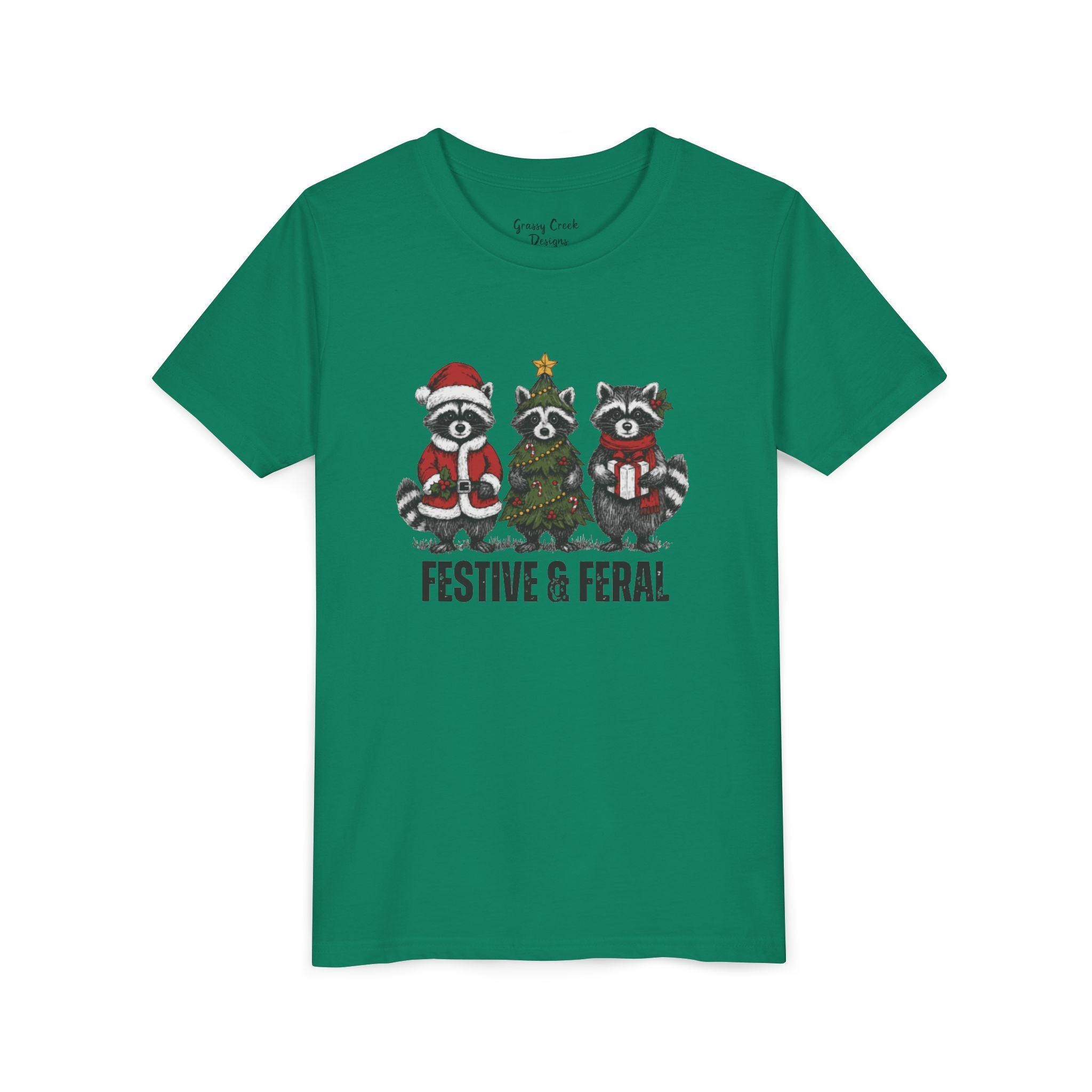 Festive & Feral Raccoons Youth Christmas Graphic T-Shirt - Thumbnail 2
