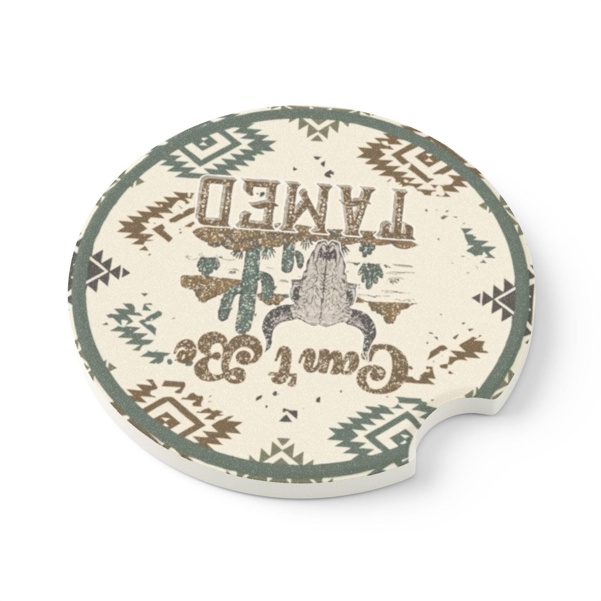 Western Can’t Be Tamed Bull Skull Aztec Print Ceramic Car Coaster - 2 pack - Thumbnail 2