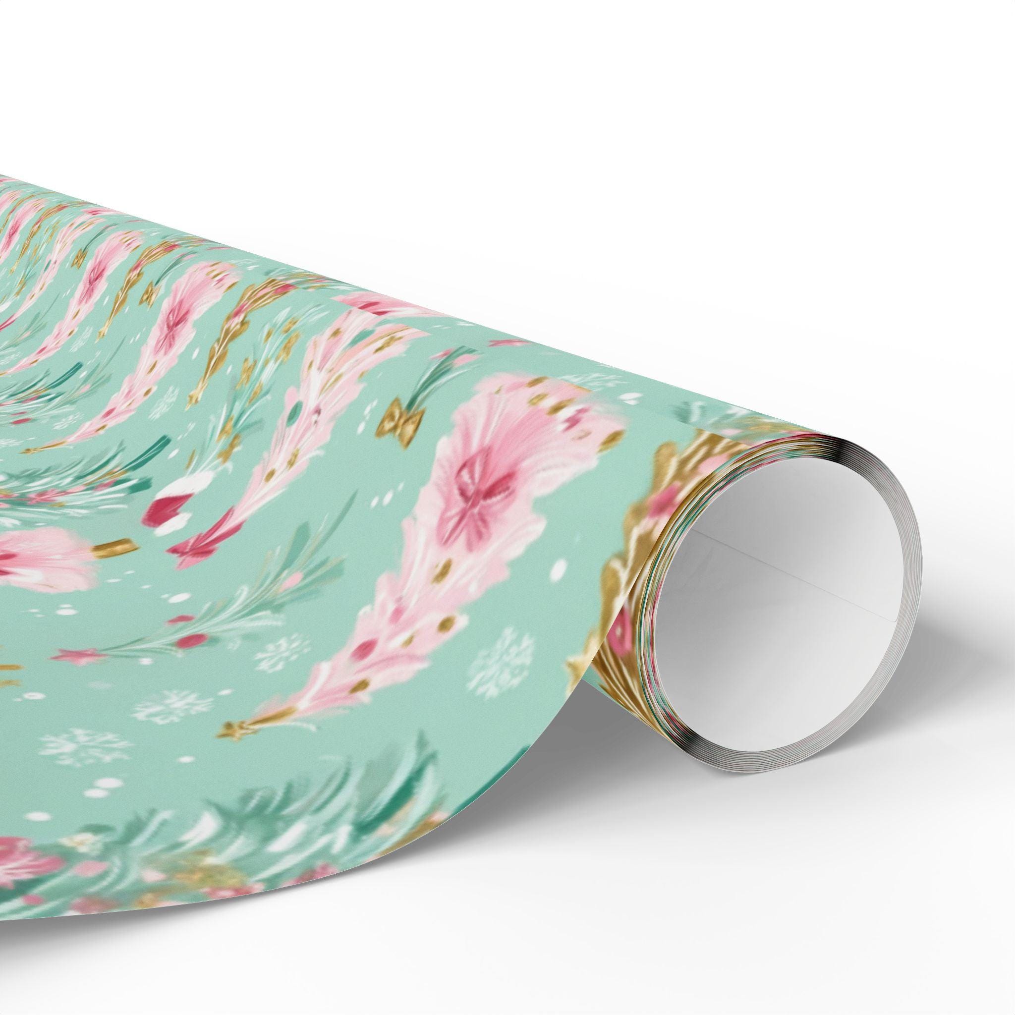 Merry Pastel Pink & Mint Christmas Tree Holiday Gift Wrap 30" x 72" - Thumbnail 3