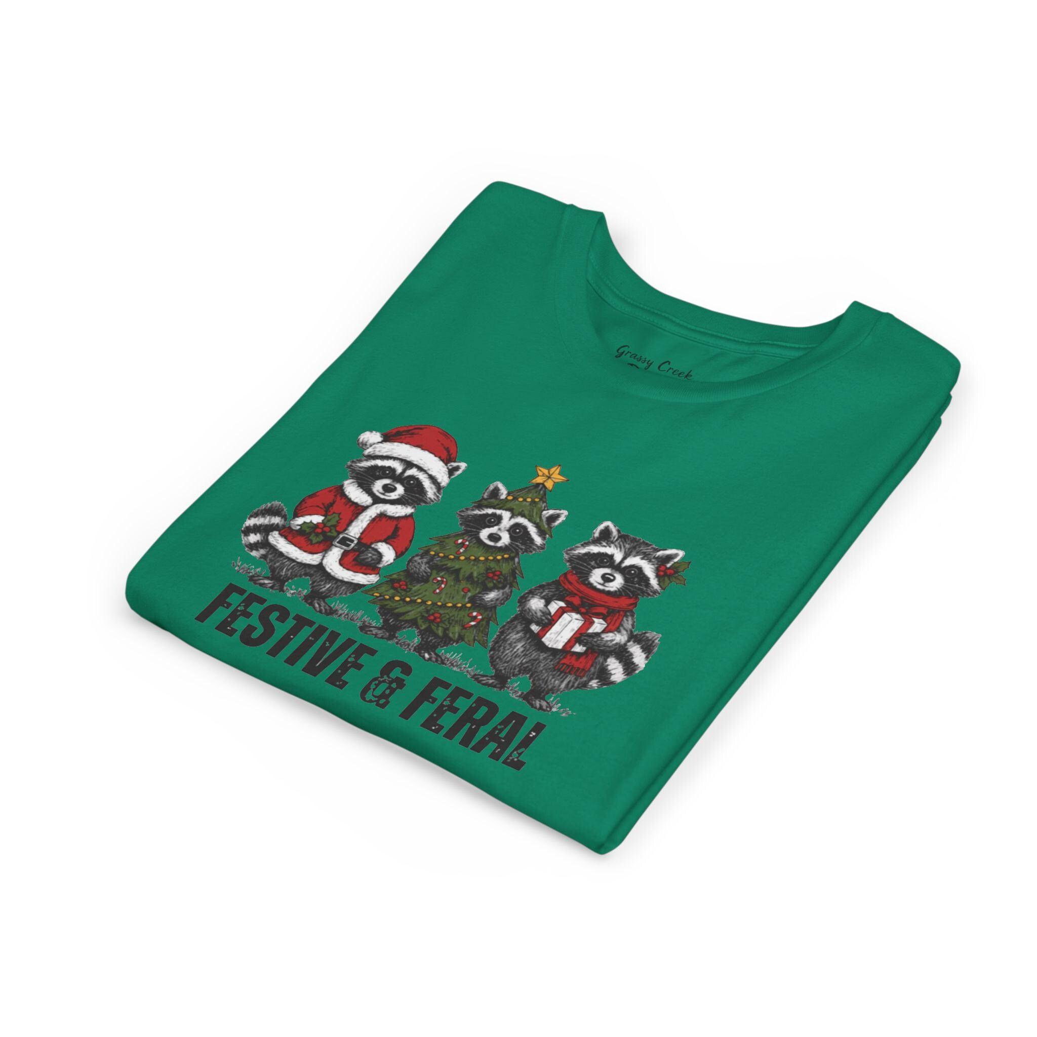 Festive & Feral Raccoons Youth Christmas Graphic T-Shirt - Thumbnail 7