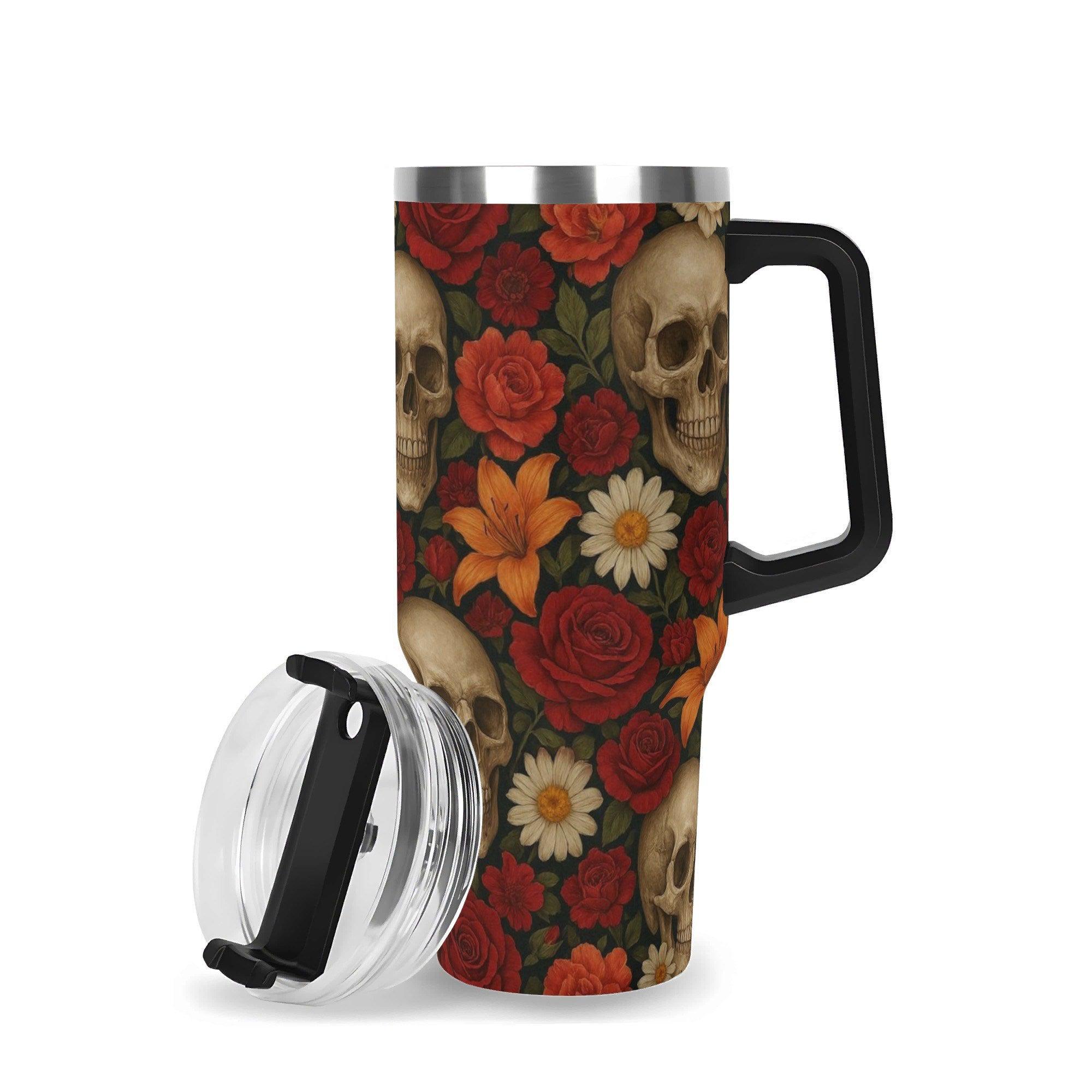 Skulls in Bloom 40oz Stainless Steel Tumbler With Handle and Straw - Thumbnail 4