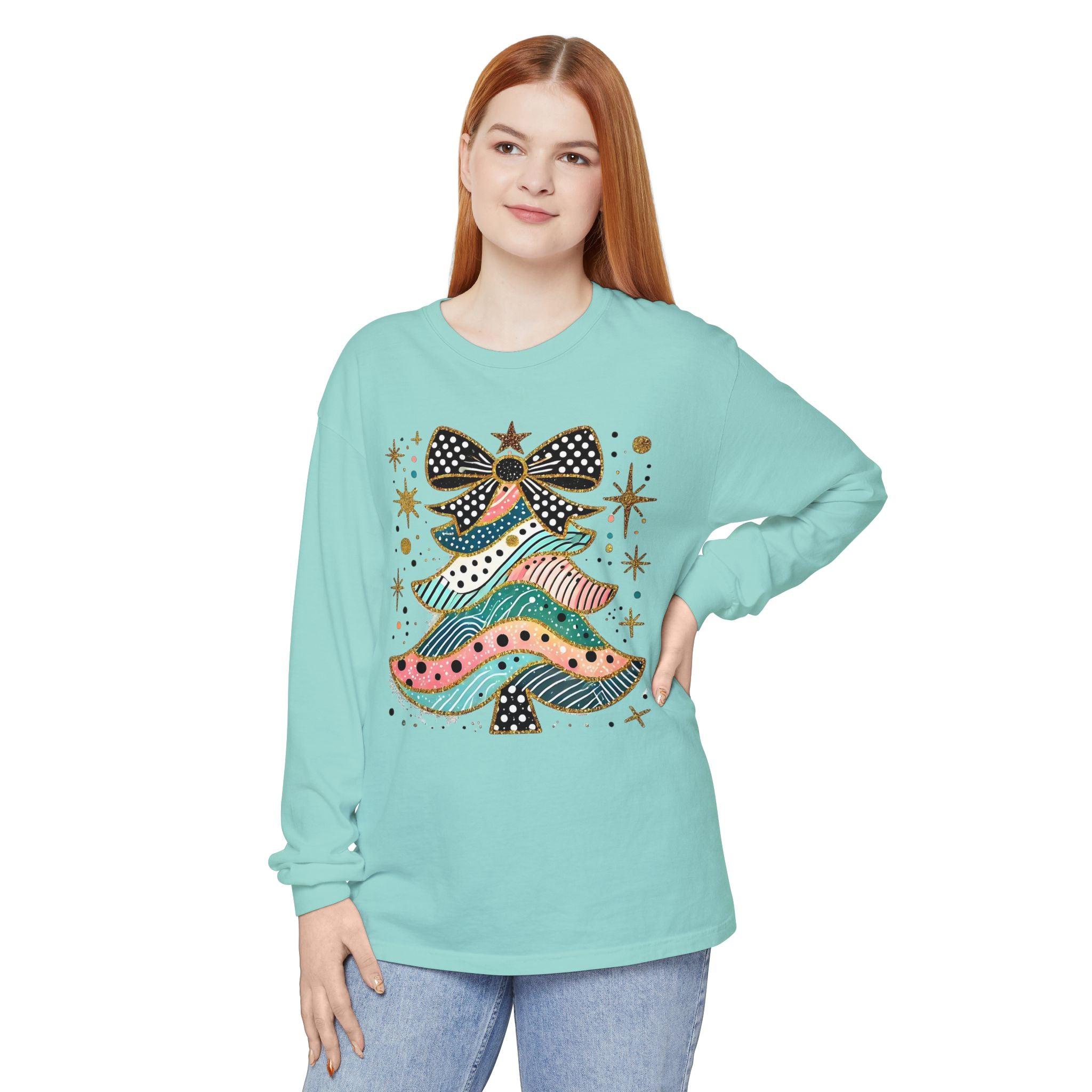 Pastel Polka Dot Glitter Christmas Tree Women's Long Sleeve T-Shirt - Thumbnail 5