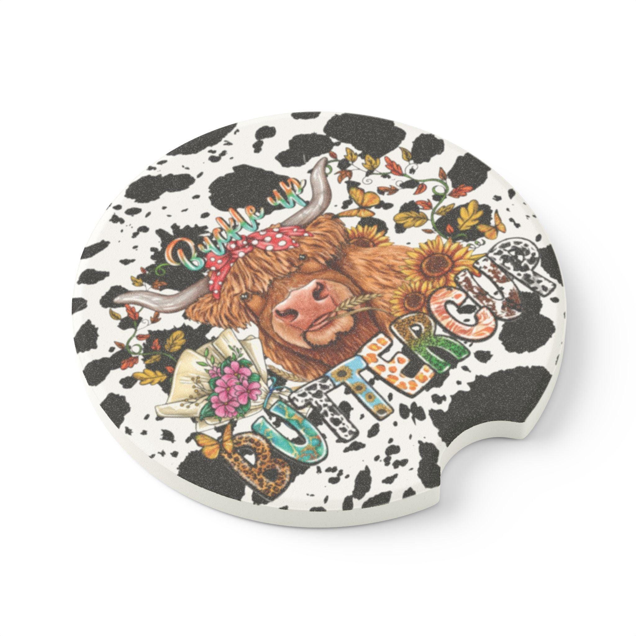 Buckle Up Buttercup Highland Cow Ceramic Car Coasters - 2 Pack - Thumbnail 2