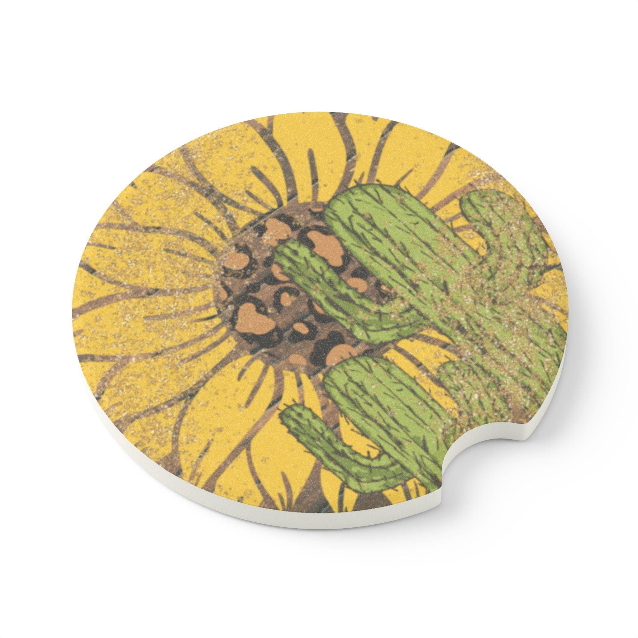 Sunflower Cactus Design Ceramic Car Coasters - 2 Pack - Thumbnail 3
