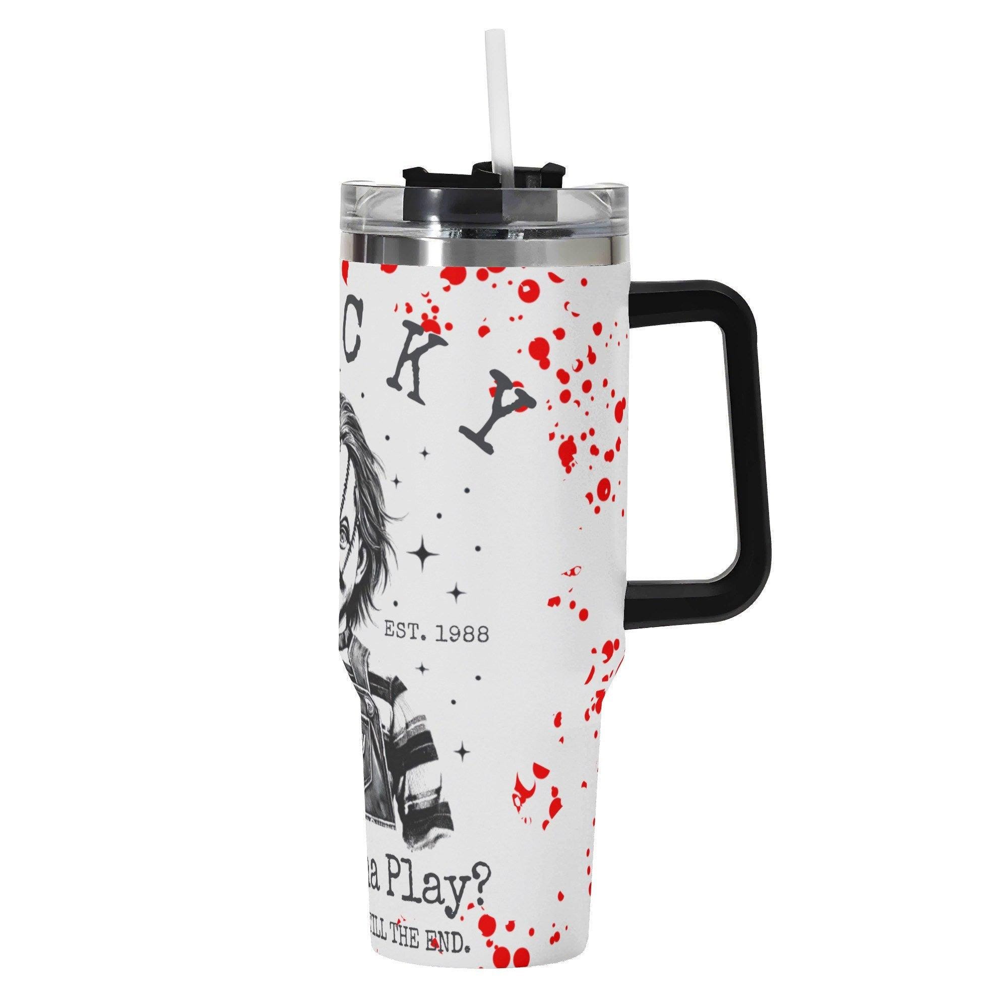 Chuckie Wants To Play Halloween Horror 40oz Stainless Steel Tumbler With Handle and Straw - Thumbnail 2