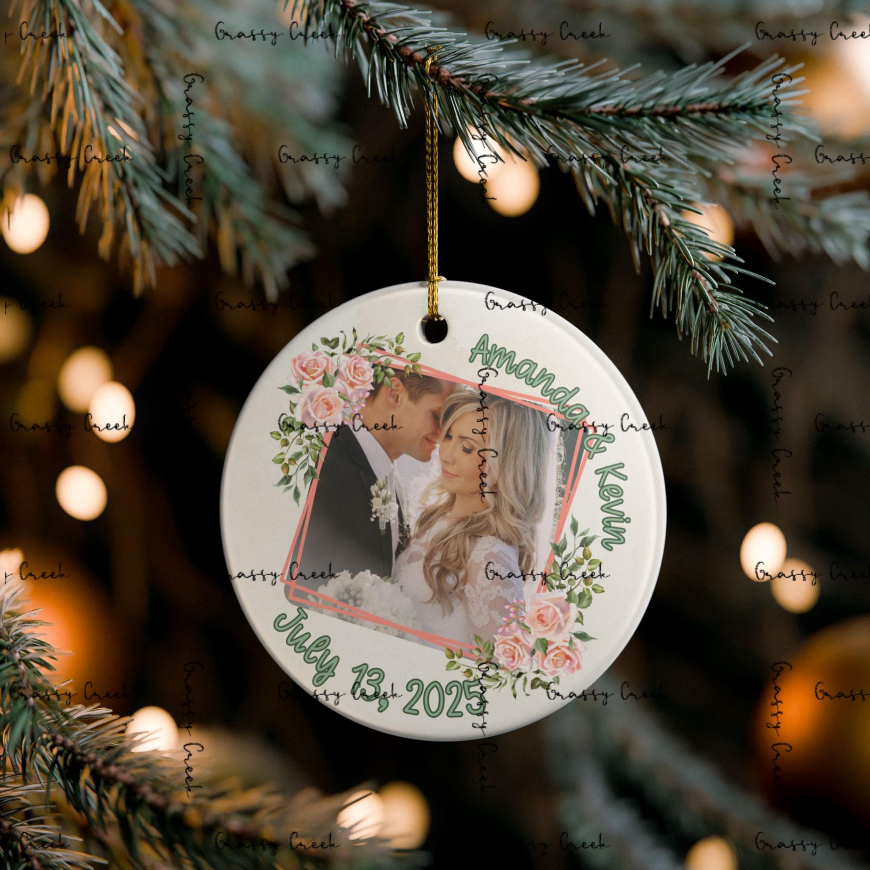 Personalized Romantic Floral Wedding Photo Ornament