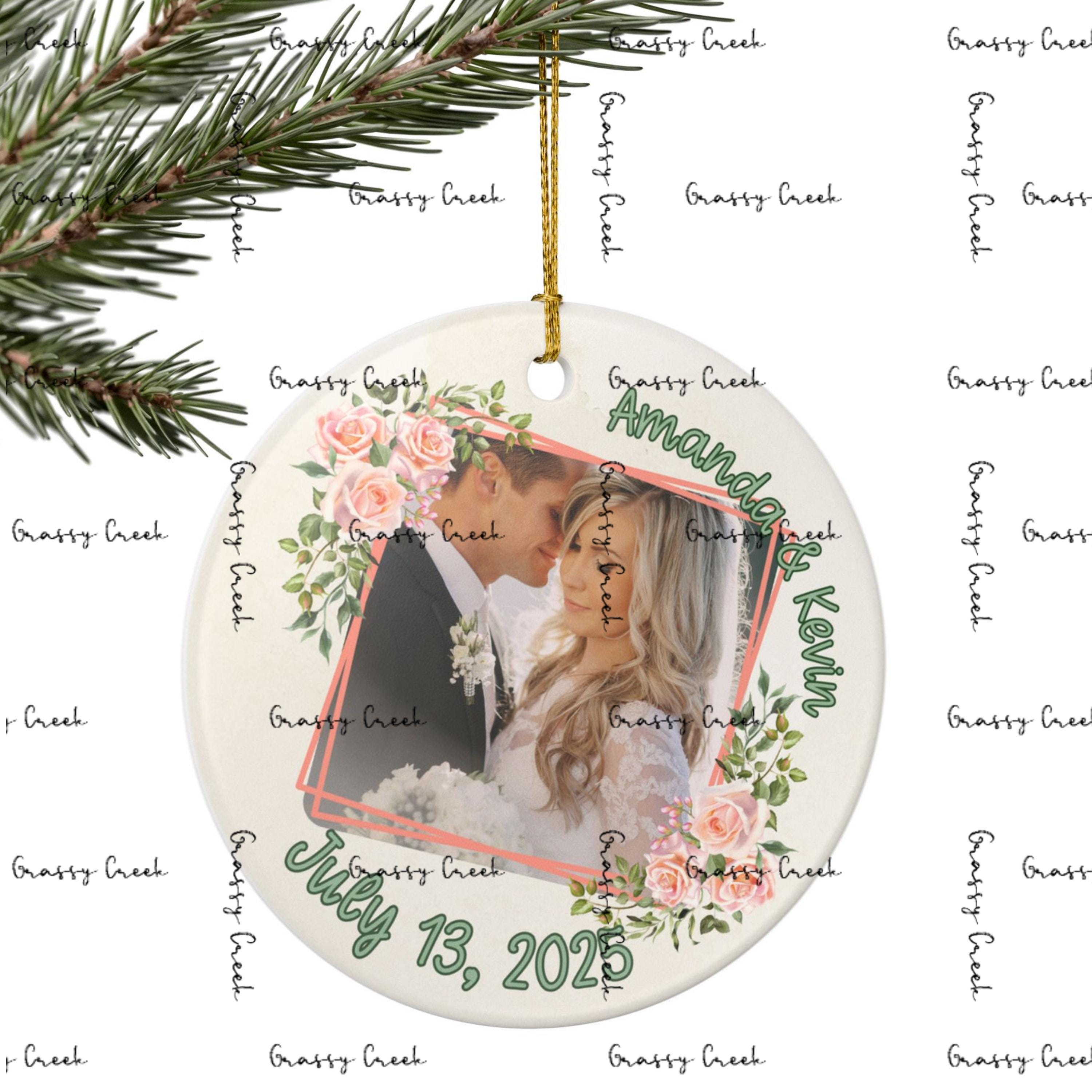 Personalized Romantic Floral Wedding Photo Ornament - Thumbnail 2