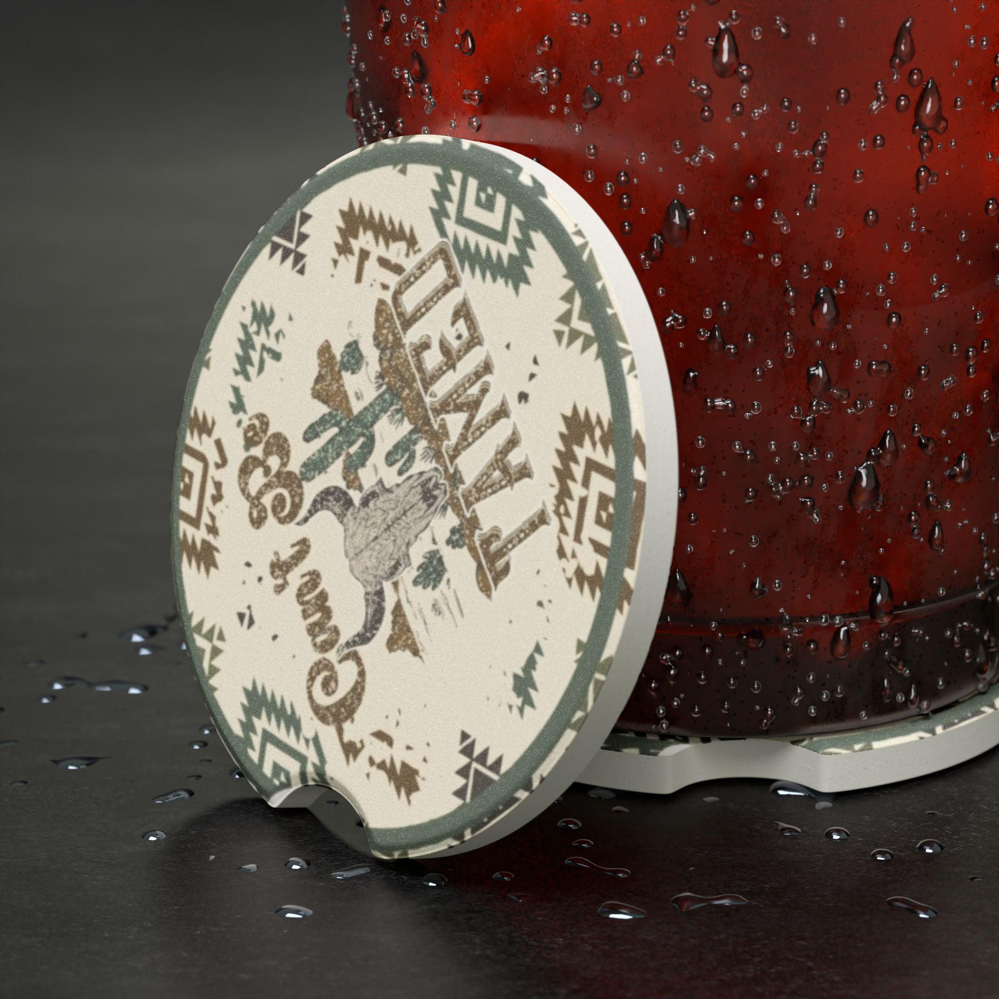 Western Can’t Be Tamed Bull Skull Aztec Print Ceramic Car Coaster - 2 pack - Thumbnail 5