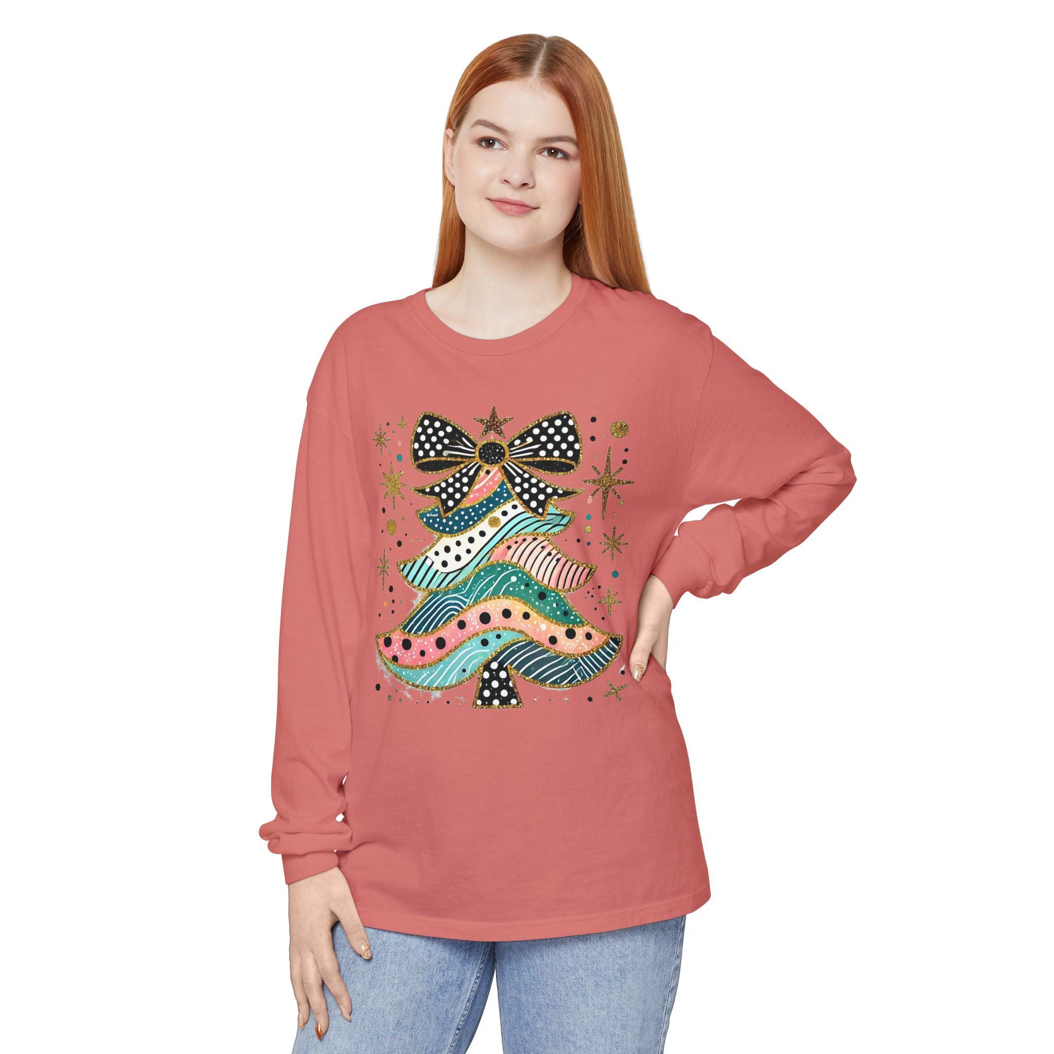 Pastel Polka Dot Glitter Christmas Tree Women's Long Sleeve T-Shirt - Thumbnail 6