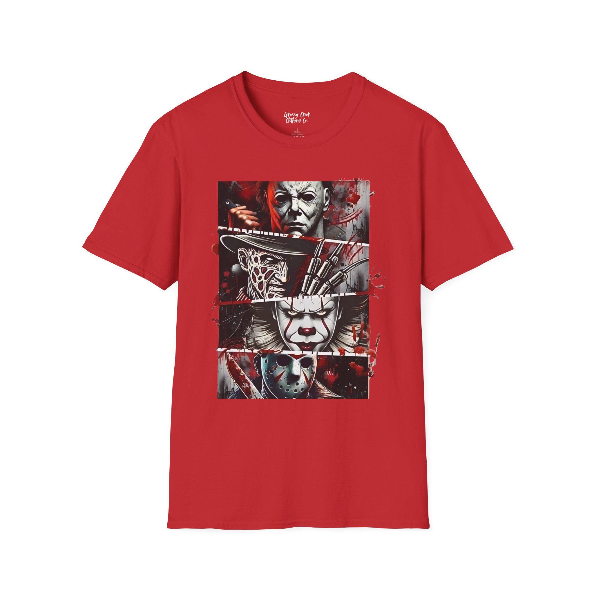 Stacked Classic Horror Movie Characters Unisex (Freddy, Jason, Pennywise, Michael Myers) Graphic T-Shirt - Thumbnail 2