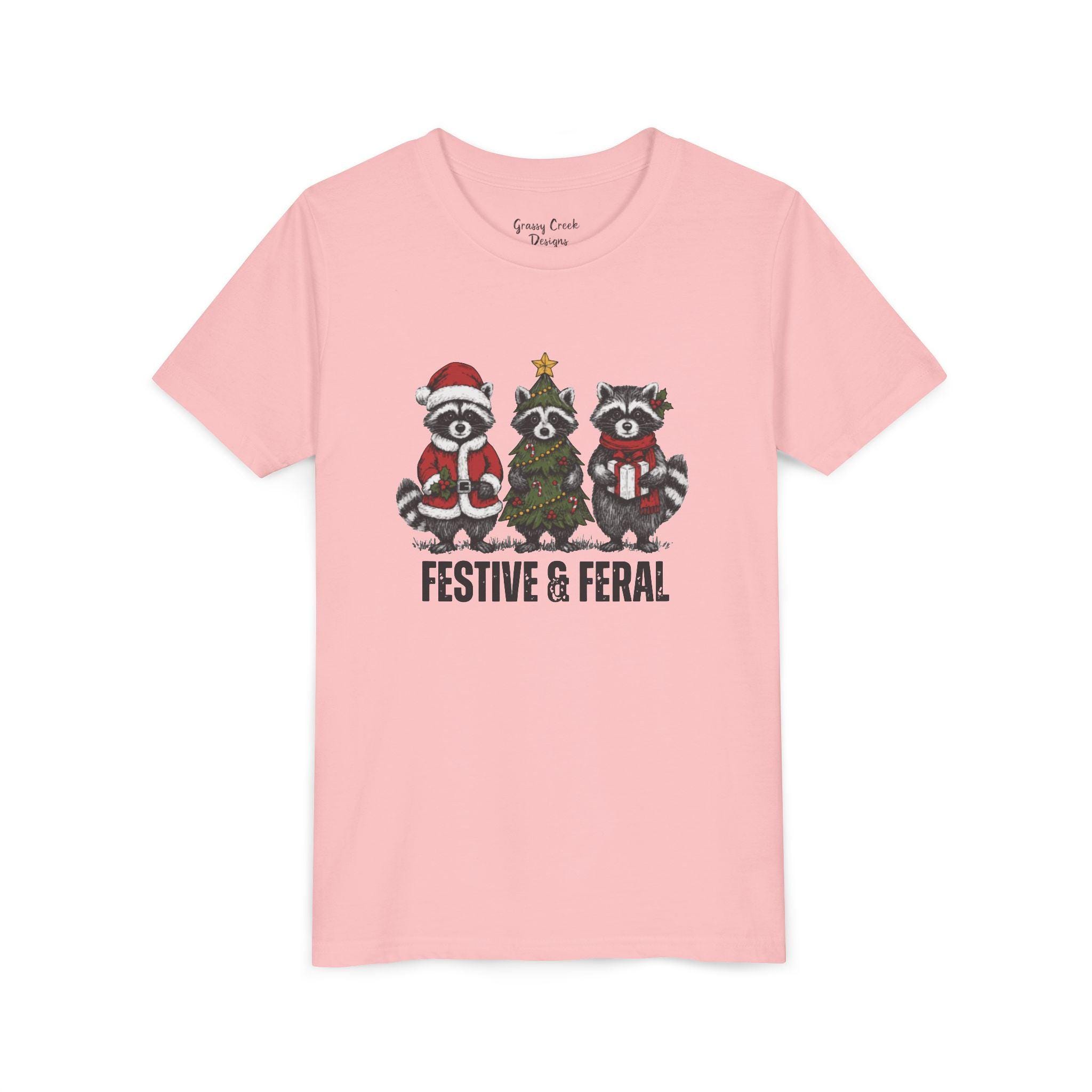 Festive & Feral Raccoons Youth Christmas Graphic T-Shirt - Thumbnail 4