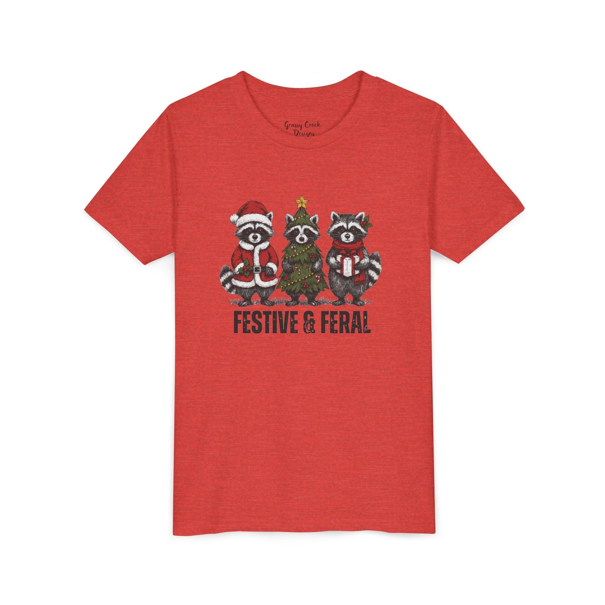 Festive & Feral Raccoons Youth Christmas Graphic T-Shirt - Thumbnail 5