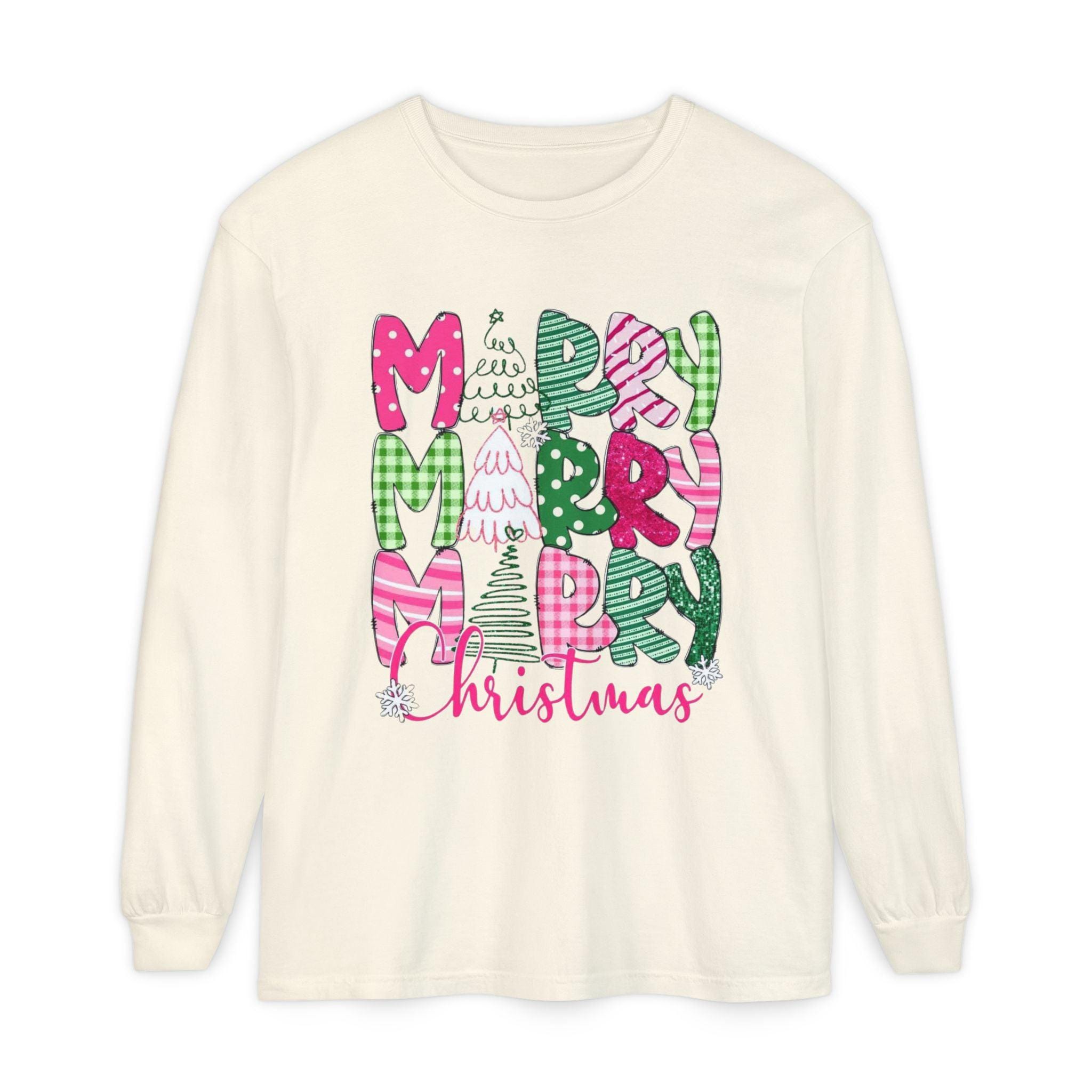 Pink Christmas Long Sleeve T-Shirt: Plaid & Polka Dot Design - Thumbnail 3