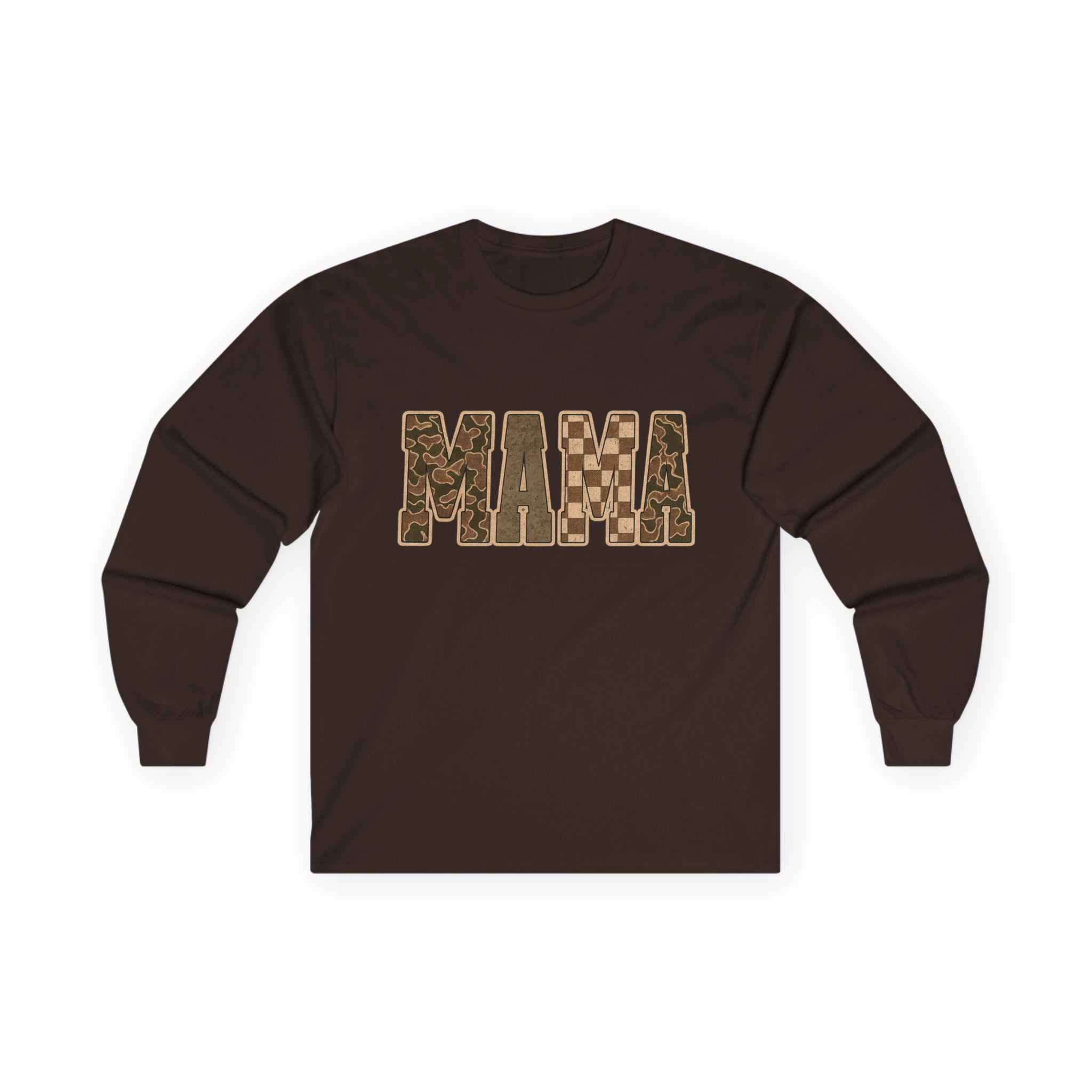 Checkered & Camo Mama Shirt | Neutral Brown Mama Long Sleeve Tshirt - Thumbnail 2