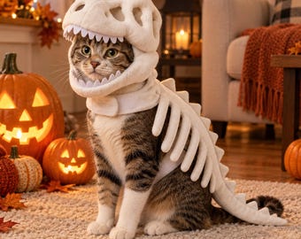 Costume da scheletro T-Rex per gatti, travestimento da dinosauro per Halloween per gatti e cani di piccola taglia, cappuccio a forma di teschio in morbido peluche con costole e coda, 3 colori