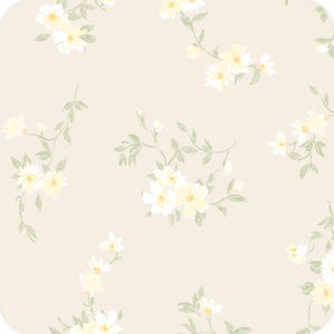 May include: A seamless pattern featuring delicate yellow and white floral clusters with green leaves on a soft beige background. The design has a watercolor effect, creating a gentle and elegant aesthetic. Ideal for fabric or wallpaper.