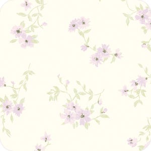 May include: A repeating pattern of watercolor-style lavender flowers and green leaves on a cream-colored background. The floral design features clusters of blossoms and delicate stems, creating a soft, feminine aesthetic.