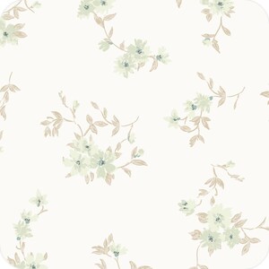 May include: A repeating pattern of floral branches with clusters of pale green flowers and tiny blue centres. The stems and leaves are a muted tan colour, set against a soft, off-white background. The design is repeated across the surface.