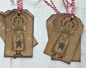 Primitive Christmas Angel Gift Tags, Distressed Cardstock, Set of 6