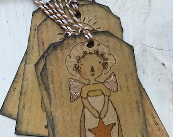 Handmade Fall Angel Gift Tags, Distressed Primitive Style, Set of 6