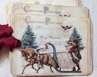Vintage Sleigh Ride Christmas Gift Tags, Handmade Set of 4
