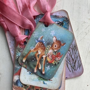 Retro Kitschy Christmas Holiday Pink Reindeer Santa Stocking Christmas Tree Gift Tags Party Favor Tags Labels