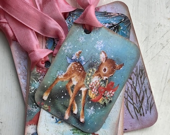 Kitschy Christmas Gift Tags, Pink Reindeer, Vintage Style (Set of 7)