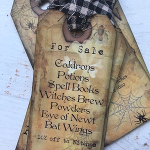 Halloween Gift Tags Assorted Grunge  Halloween Tags Witches Spells Crow Party Favor Tags Set of 6 Black Checkered Fabric Ribbon