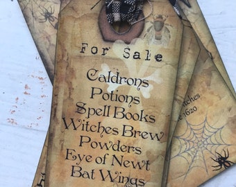 Halloween Gift Tags Assorted Grunge  Halloween Tags Witches Spells Crow Party Favor Tags Set of 6 Black Checkered Fabric Ribbon