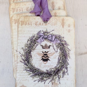 Lavender Wreath Gift Tags: French Bee, Provence Decor (Set of 4) image 1
