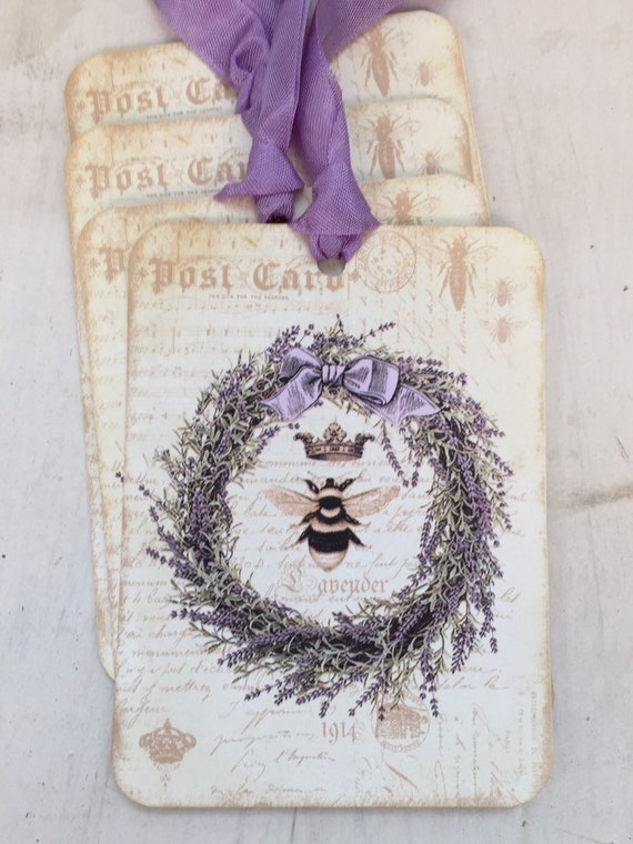 Lavender Wreath Gift Tags: French Bee, Provence Decor (Set of 4)