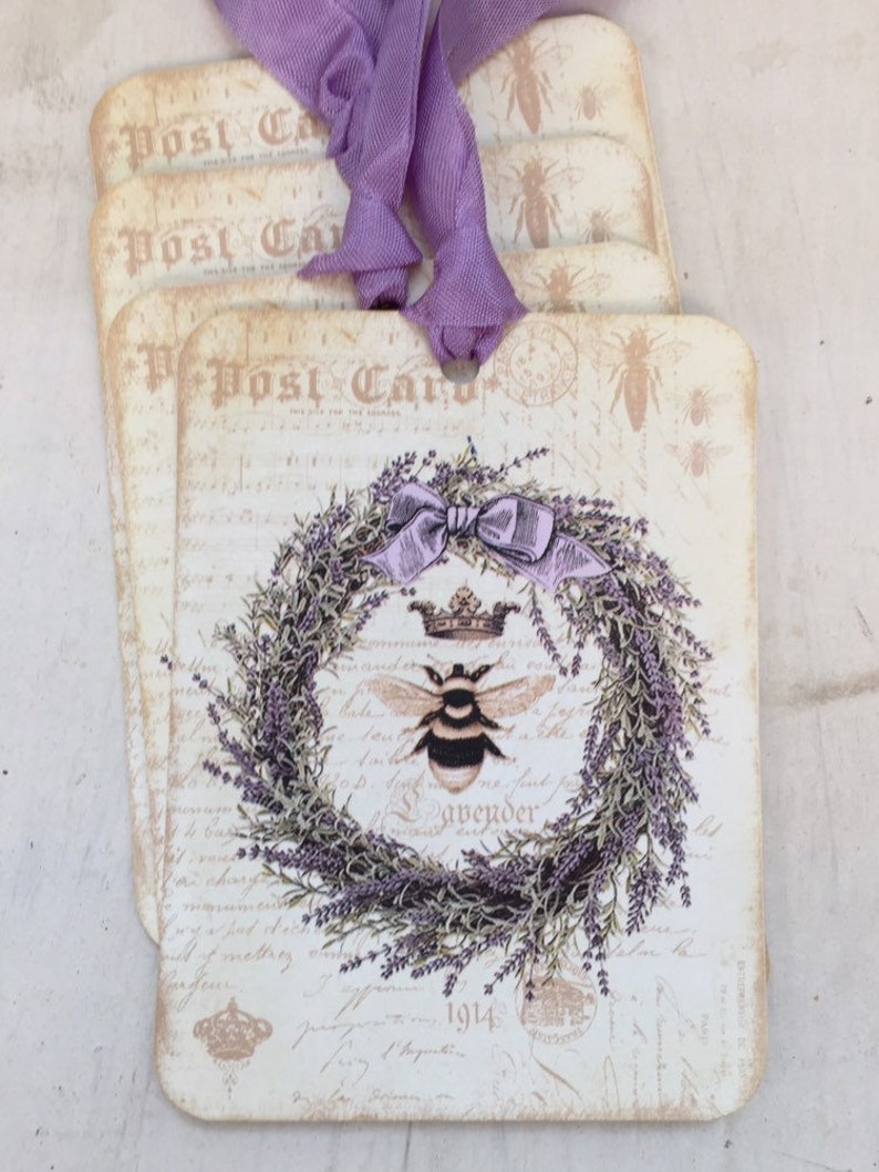 Lavender Wreath Gift Tags: French Bee, Provence Decor (Set of 4) image 1