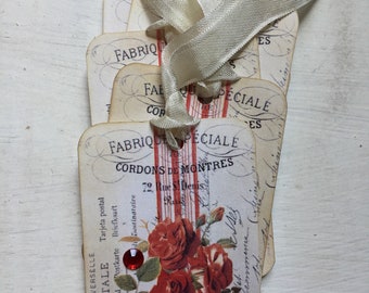 Gift Tags French Counry Red Roses Tags French Style Tags French Script Tags Farmhouse StyleTags Cottage Chic Tags Fixer Upper