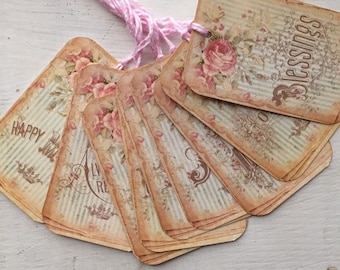 Shabby Chic Spring Gift Tags: Rose Sentiment Tags, Set of 9