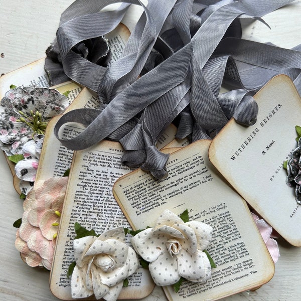Literary Romance Novel Tags Romance Book Page Tags Layered Paper Flower Tags Emily Bronte Novel Tags Ellis Bell Wuthering Heights Tags Set