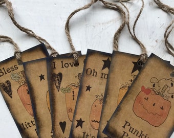 Primitive Fall Pumpkin Tags, Distressed Autumn Embellishments, Set of 6