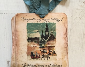 Vintage Style Christmas Gift Tags: Shabby Chic Sleigh Bells, Set of 4