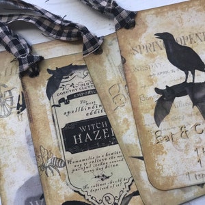 Halloween Gift Tags Witch Crow Beware Grunge Halloween Tags Witches Party Favor Tags Set of 4 Black Checkered Fabric Ribbon