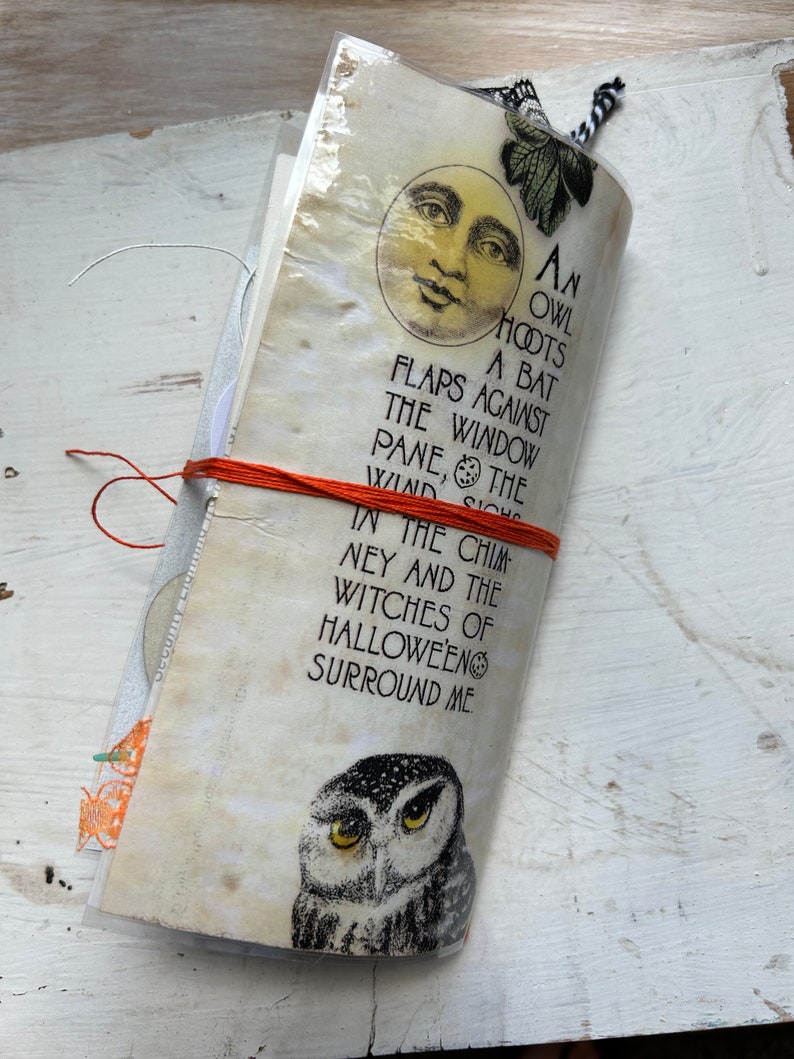 Puede incluir: Un diario hecho a mano con una cubierta transl&uacute;cida que presenta una ilustraci&oacute;n de luna vintage, un b&uacute;ho y el texto: An owl hoots a bat flaps against the window pane, the wind sighs in the chimney and the witches of Halloween surround me.