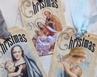 Handmade Vintage Christmas Gift Tags: Mary and Jesus, Set of 6