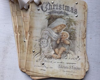 Vintage Style Christmas Gift Tags, Mother & Child, Set of 4