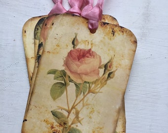 Vintage French Rose Gift Tags: Handmade Wedding Favor Tags, Set of 4