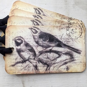 French Style Bird Gift Tags, Handmade Vintage Hang Tags (Set of 4)