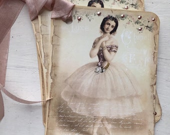 Gift Tags Pretty In Pink French Ballerina Dancer Shabby Roses set of 4