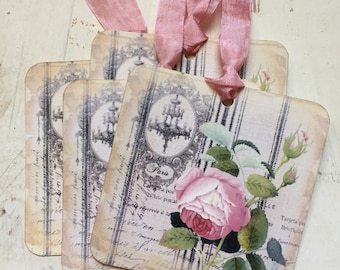 Shabby Chic Gift Tags: Pink Roses, French Script, Set of 4