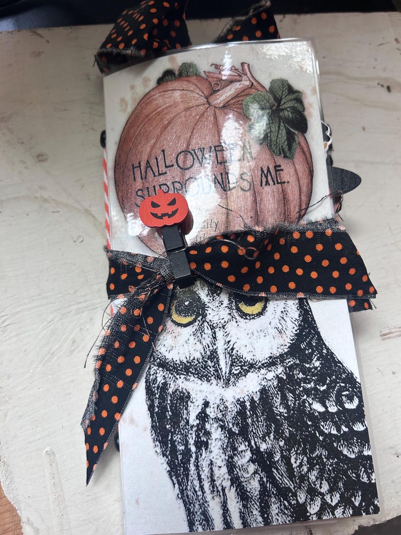 Puede incluir: Un folleto de papel rectangular con una ilustraci&oacute;n de calabaza con el texto HALLOWEEN SURROUNDS ME y un gr&aacute;fico de b&uacute;ho en blanco y negro. El folleto est&aacute; atado con una cinta negra con lunares naranjas y un peque&ntilde;o clip de calabaza naranja.