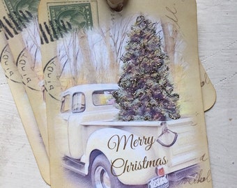 Vintage White Truck Christmas Gift Tags, Handmade Set of 4