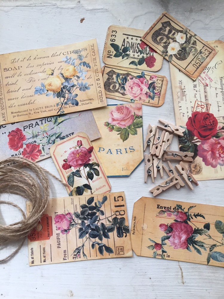 Antique Paper Ephemera Pack 10 Piece Card stock Handmade Vintage Style Receipts Labels Collage Junk Journal Jute Mini Clothespins