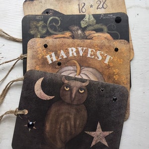 Fall Primitive Gift Tags  Owl Pumpkin Raven set of 4